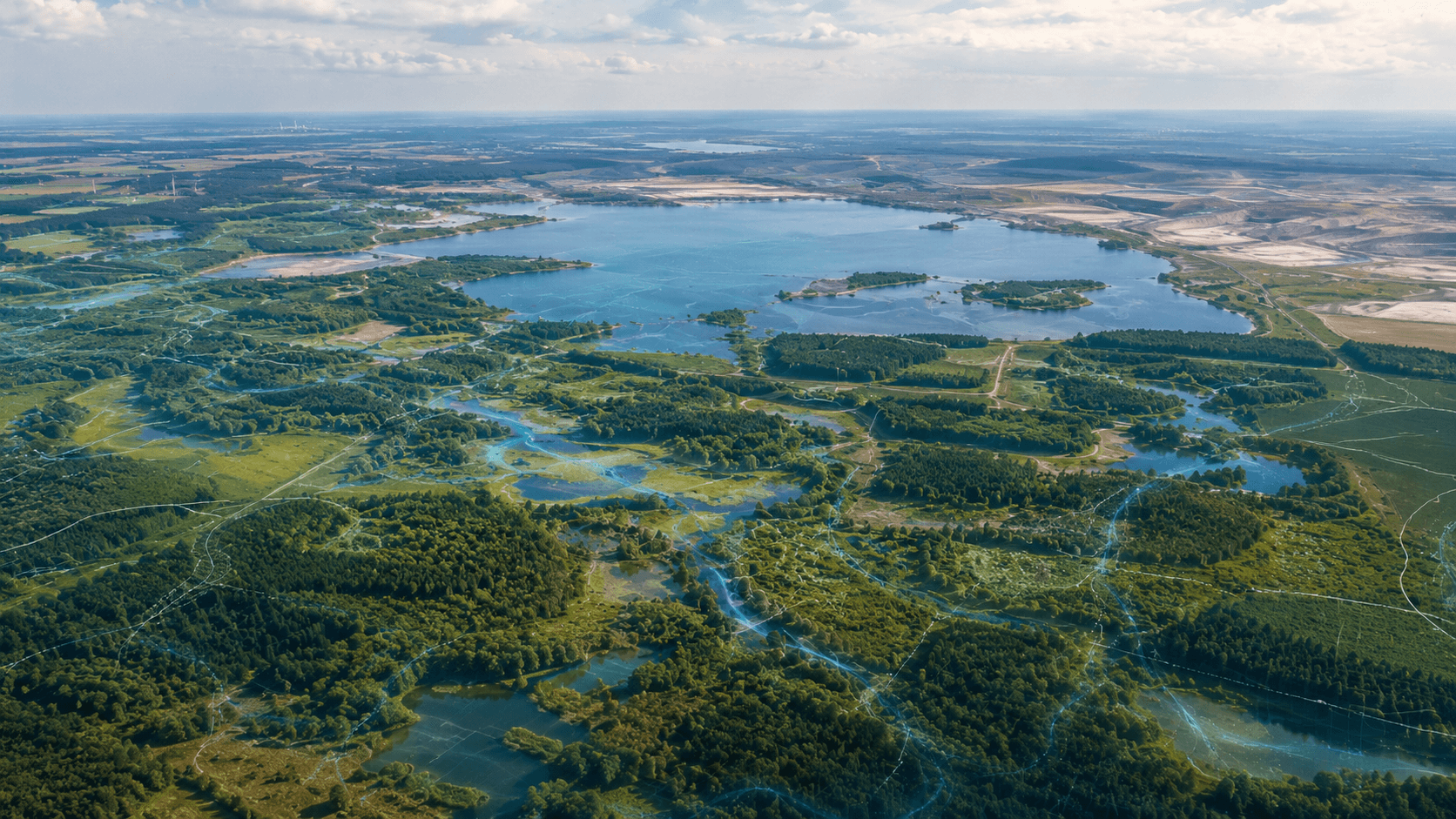 Rheinisches Revier mit Wasserflächen, Landschaftsstrukturen und dezenten hydrologischen Ebenen