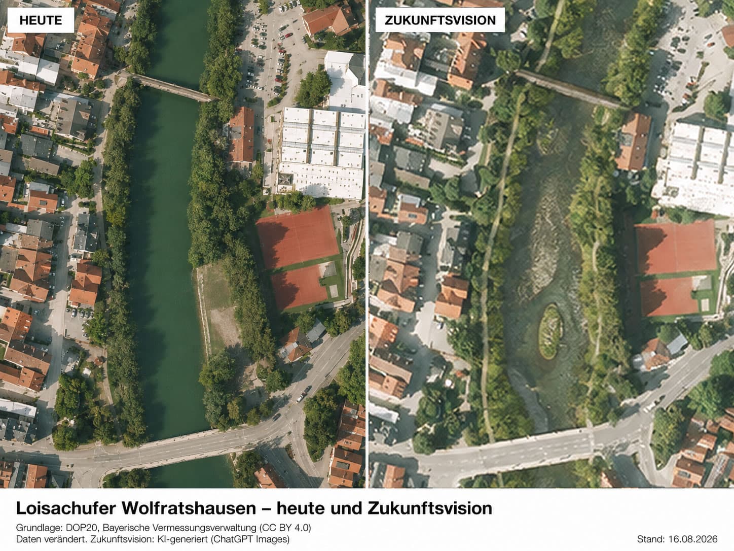 Gegenüberstellung des heutigen Loisachufers in Wolfratshausen und einer redaktionellen Zukunftsvisualisierung für eine stärkere ökologische Strukturierung des betroffenen Flussabschnitts.