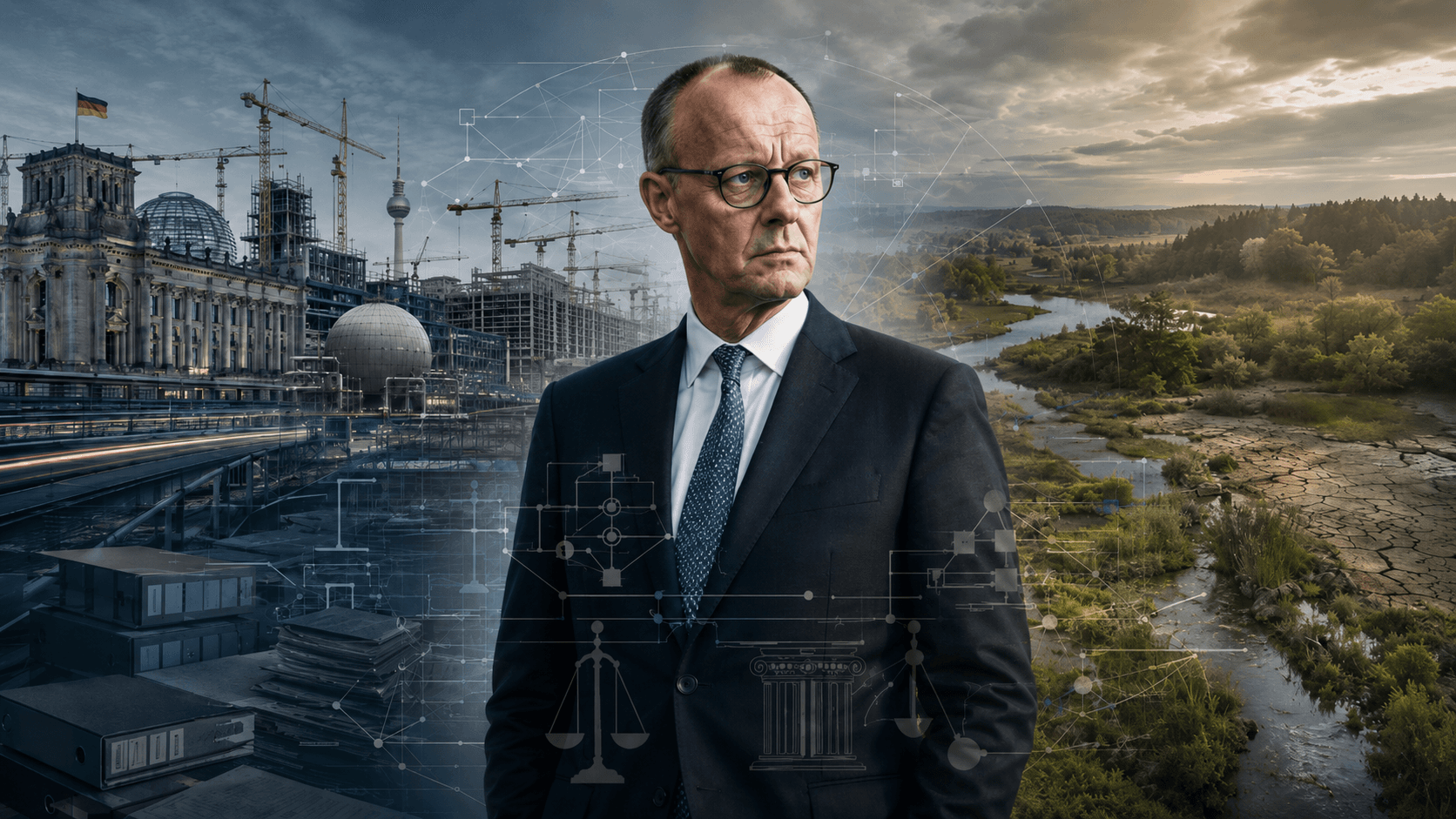 Friedrich Merz vor einer geteilten Szenerie aus politischer und industrieller Infrastruktur sowie Flusslandschaft und ökologischen Systemen, überlagert von abstrakten Entscheidungs- und Rechtsstrukturen.