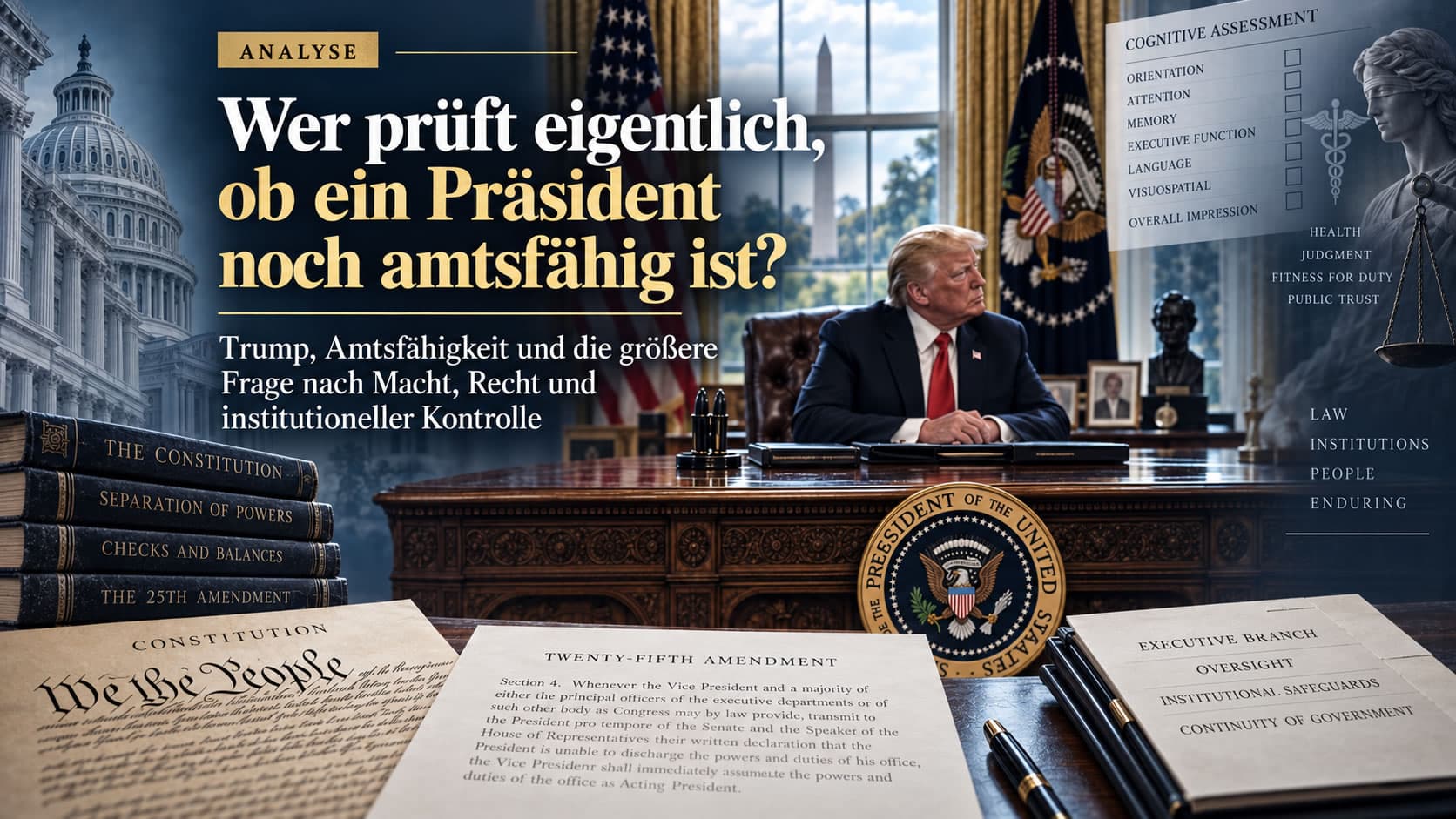 Redaktionelle Darstellung zu Donald Trump und der institutionellen Frage präsidialer Amtsfähigkeit.