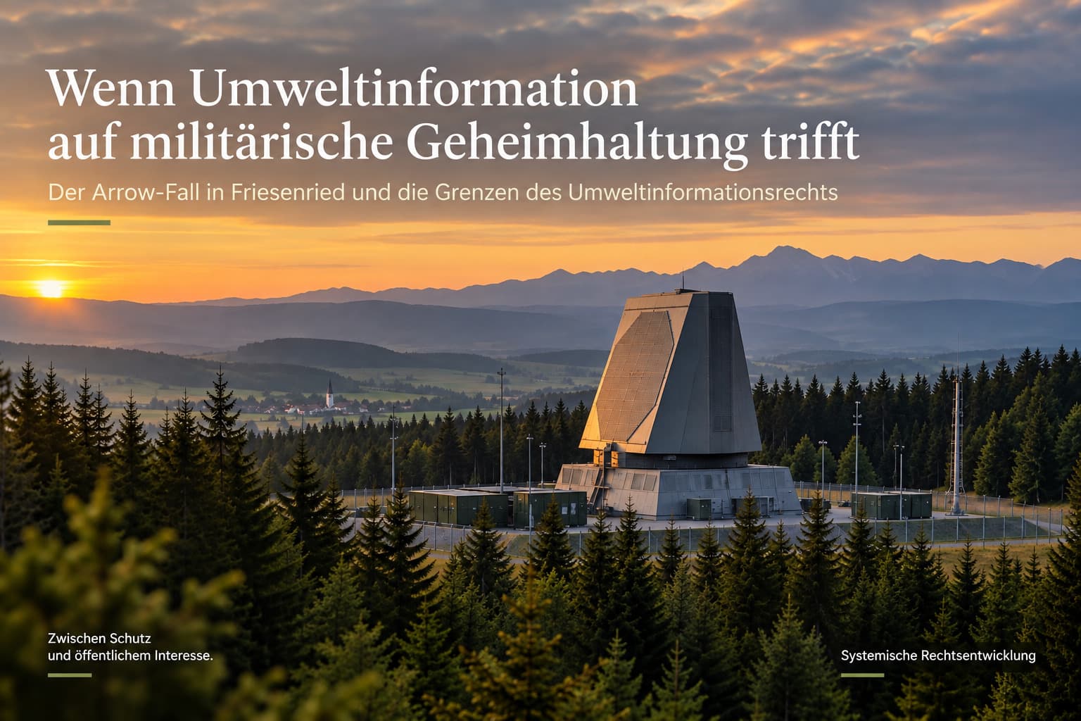 Symbolische Darstellung einer Radarstation in einer bewaldeten Landschaft zum Konflikt zwischen Umweltinformation und militärischer Geheimhaltung.