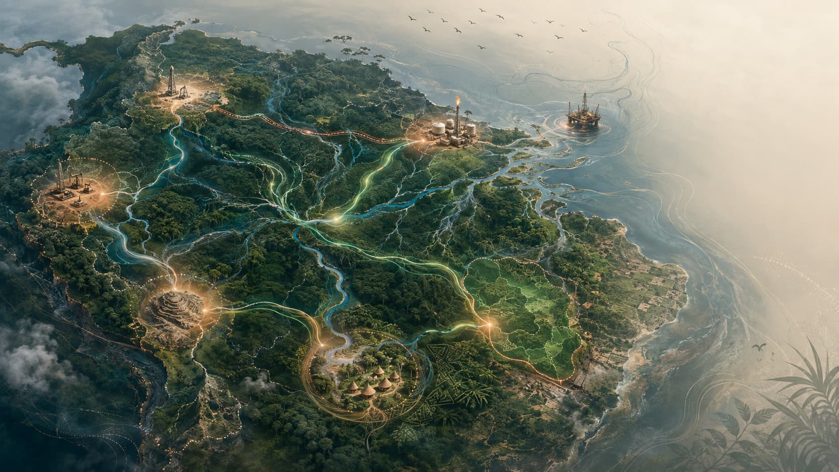 Symbolische Darstellung von sechs Konfliktfeldern, die über Flüsse, Landschaften und ökologische Wirkungszusammenhänge zu einem gemeinsamen Amazonien-System verbunden sind.