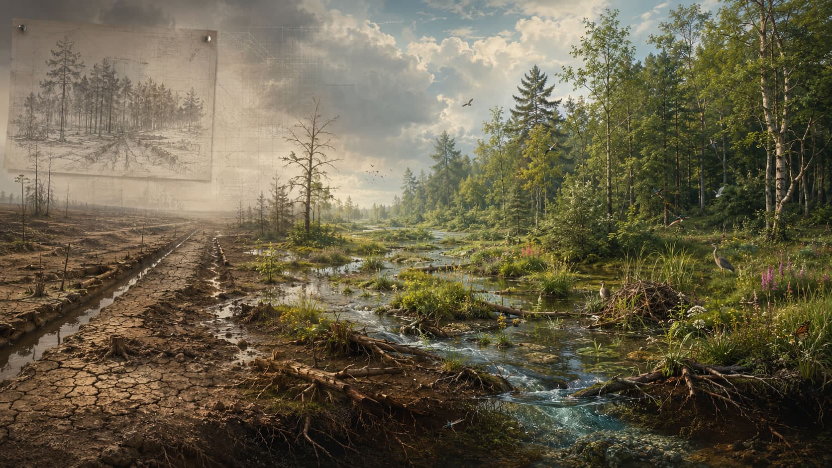 KI-generierte redaktionelle Landschaftsillustration mit mitteleuropäischem Wald-, Moor- und Feuchtlebensraum; sie visualisiert Wiederherstellung, ökologische Eigenentwicklung und veränderte klimatische Standortbedingungen.