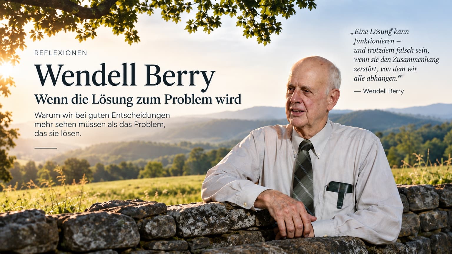 Wendell Berry vor einer ländlichen Landschaft – redaktionelle KI-Illustration.