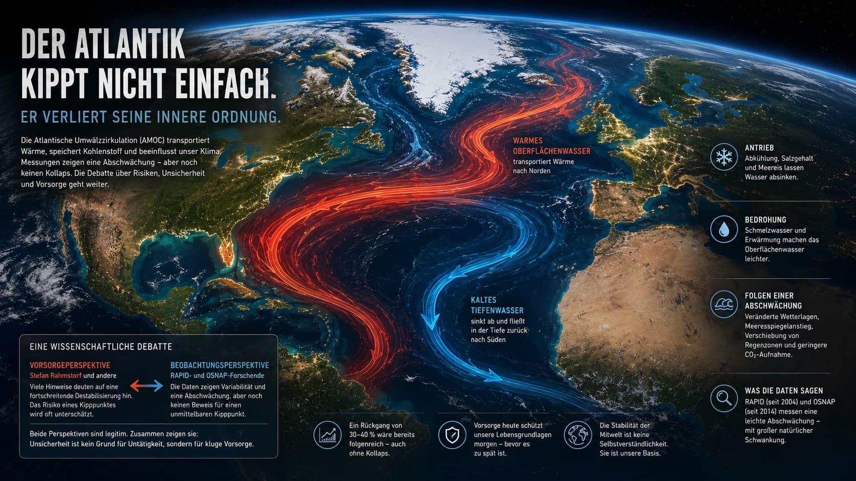 Künstlerische Visualisierung der Atlantischen Umwälzzirkulation mit warmen und kalten Strömungen über dem Nordatlantik.