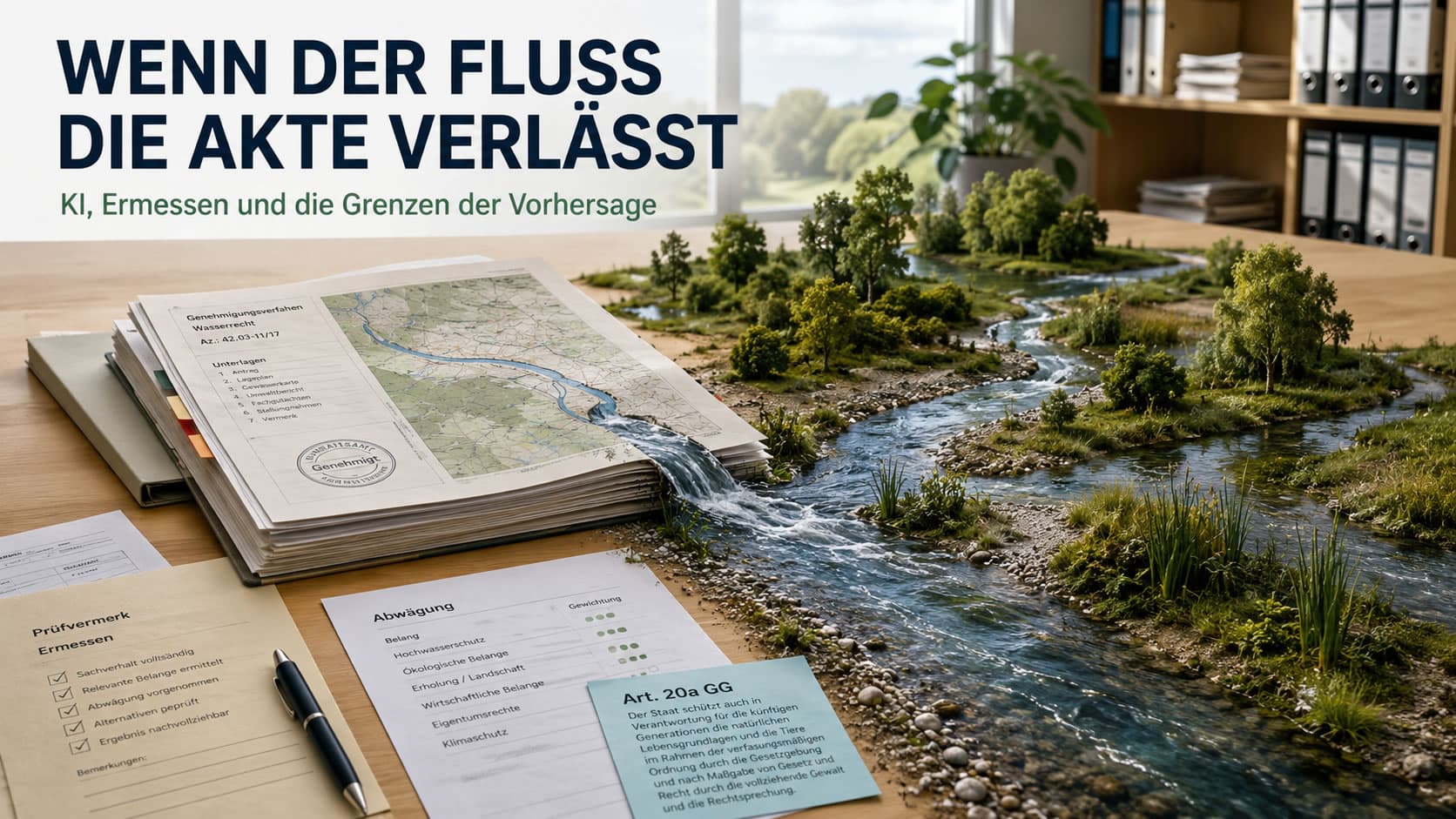 Titelbild: Eine Verwaltungsakte auf einem Schreibtisch, aus deren Karte ein realer Fluss in eine lebendige Landschaft übergeht.