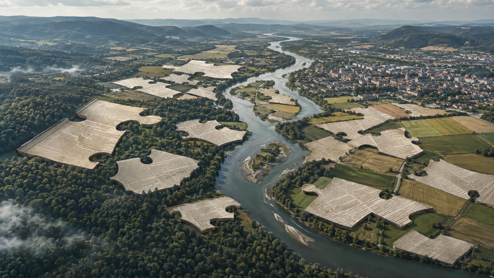 Zusammenhängende Flusslandschaft mit fragmentierten, wie Gesetzestexte gestalteten Puzzleteilen
