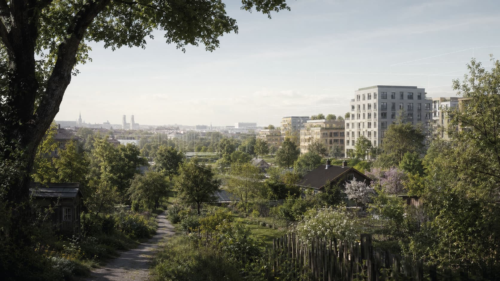 Gewachsene grüne Siedlungslandschaft mit alten Bäumen und Gärten; im Hintergrund ist neue städtische Verdichtung mit feinen Planungslinien angedeutet.