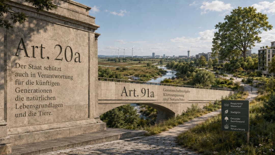 Art. 20a als steinerner Verfassungsauftrag, verbunden über eine mit Art. 91a bezeichnete Brücke mit einer renaturierten Fluss- und Stadtlandschaft.