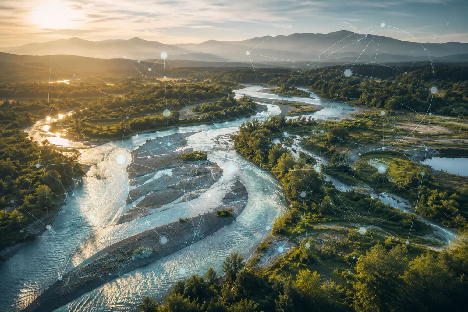 Vielschichtige Flusslandschaft mit Auen, Wald, Gewässerarmen, Feuchtgebieten und dezenten transparenten Netzlinien.