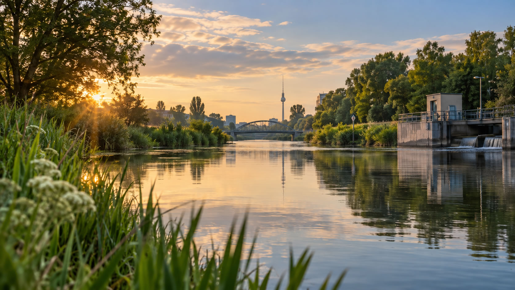 Flusslandschaft zwischen Ufervegetation und menschlicher Infrastruktur als Symbol für die Spree